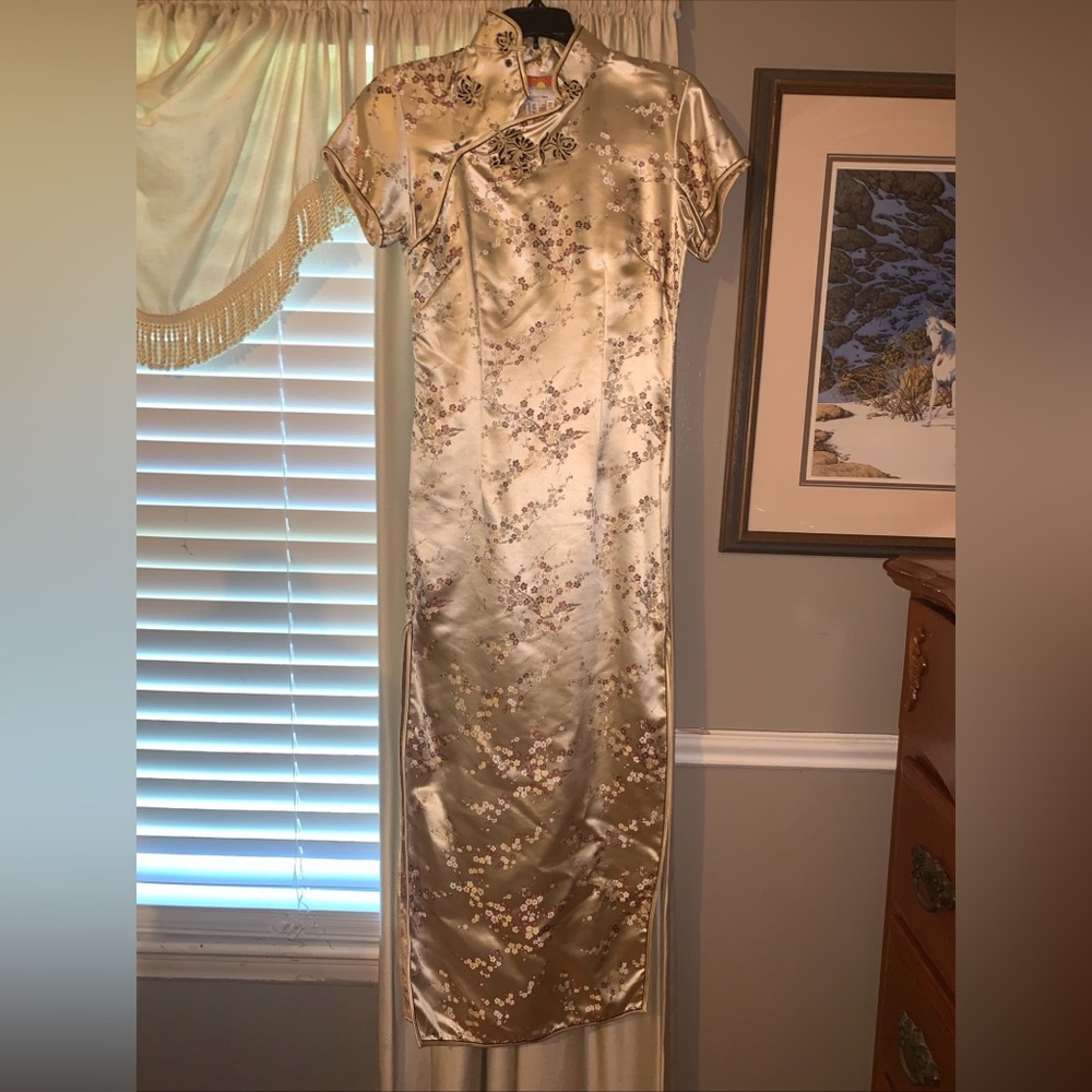 Oriental Authentic Chinese Gold Floral Dress Chinese Size 34
